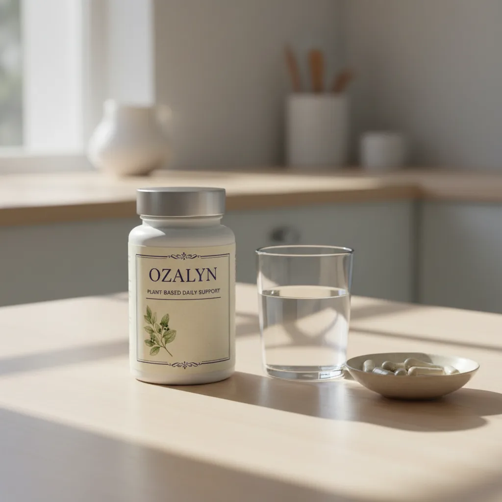 Ozalyn supplement fles op natuurstenen ondergrond met groene kruiden